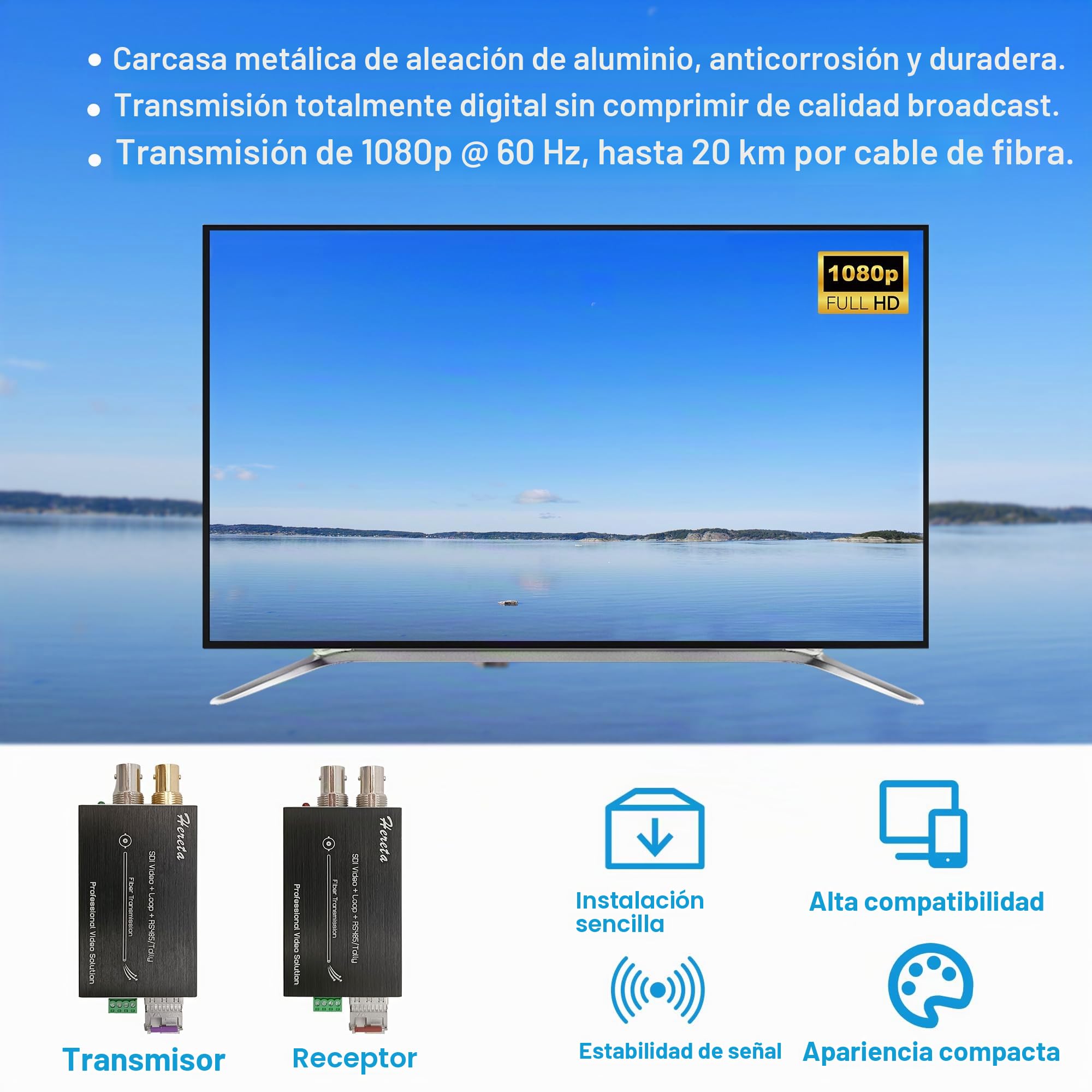 Mini alargador de vídeo 3G-SDI con Salida en Bucle SDI 1080P 3G-SDI Fibra Convertidor Extensión de distancias de hasta 20 km en un transceptor óptico monomodo con talaje o inverso RS485