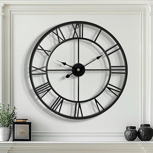 Tatub Reloj de pared grande de 24 pulgadas para decoración de sala de estar, número romano, moderno, redondo, decorativo, de metal, grande, para