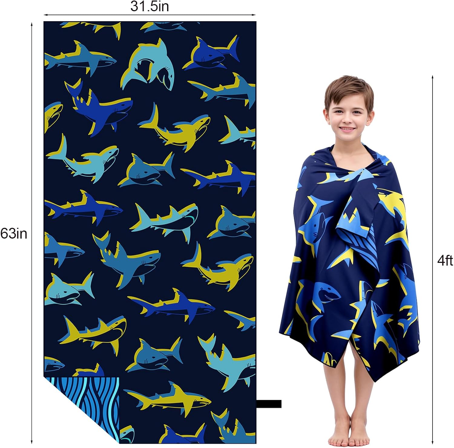MelonBoat Large Microfiber Beach Towel: Bright Yellow Blue Shark Beach Towel for Travel, Quick Dry Sand Free, Lightweight Compact for Kids Trip Vacation Camping, 1 Pack