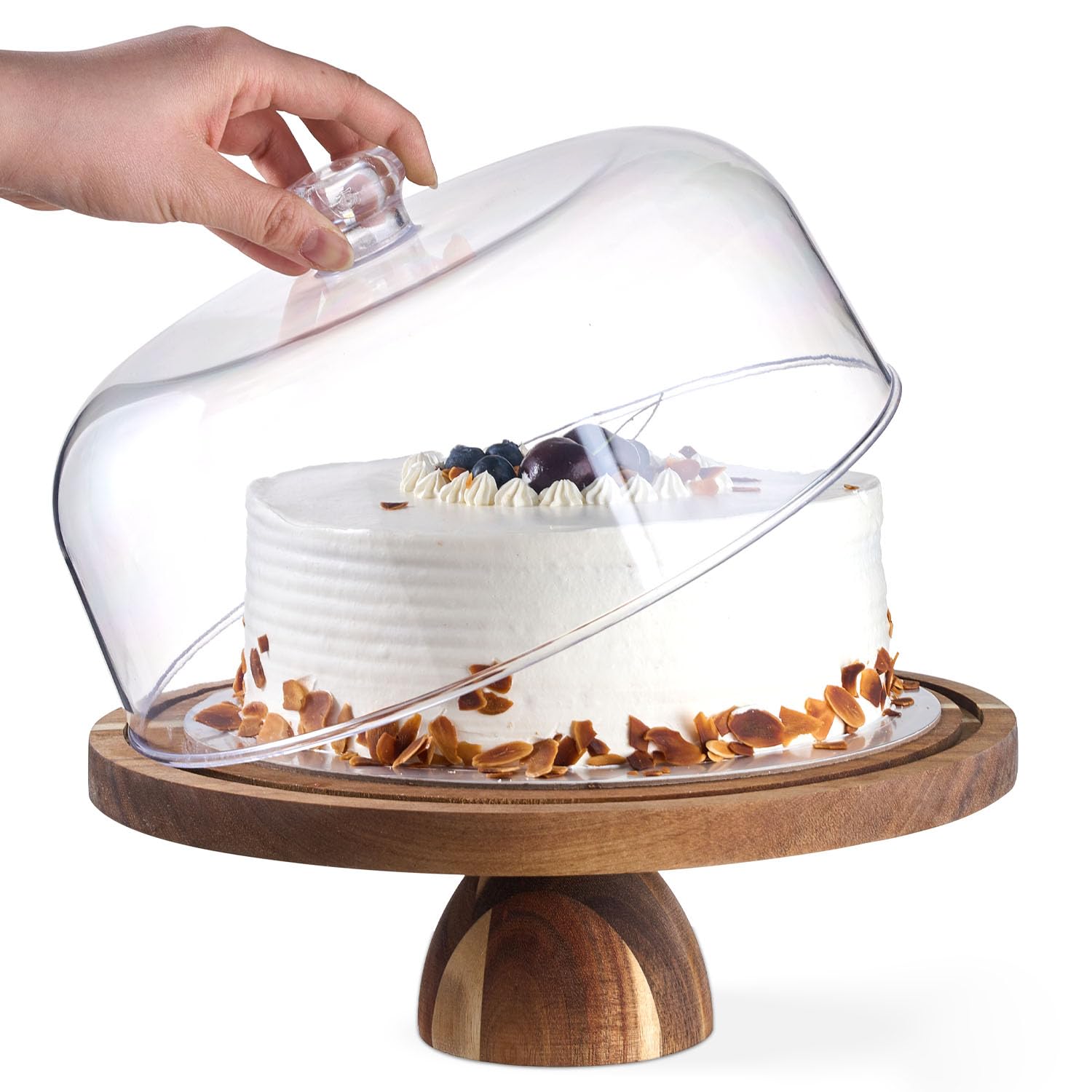 Photo 1 of Acacia Wood Cake Stand with Lid – 12 Inch Round Dessert Holder, 2-in-1 Cake Stand & Charcuterie Board for Seasonal Gathering, Dinner Party Essentials or Tabletop Decor - Large Acrylic Cake Dome Cover