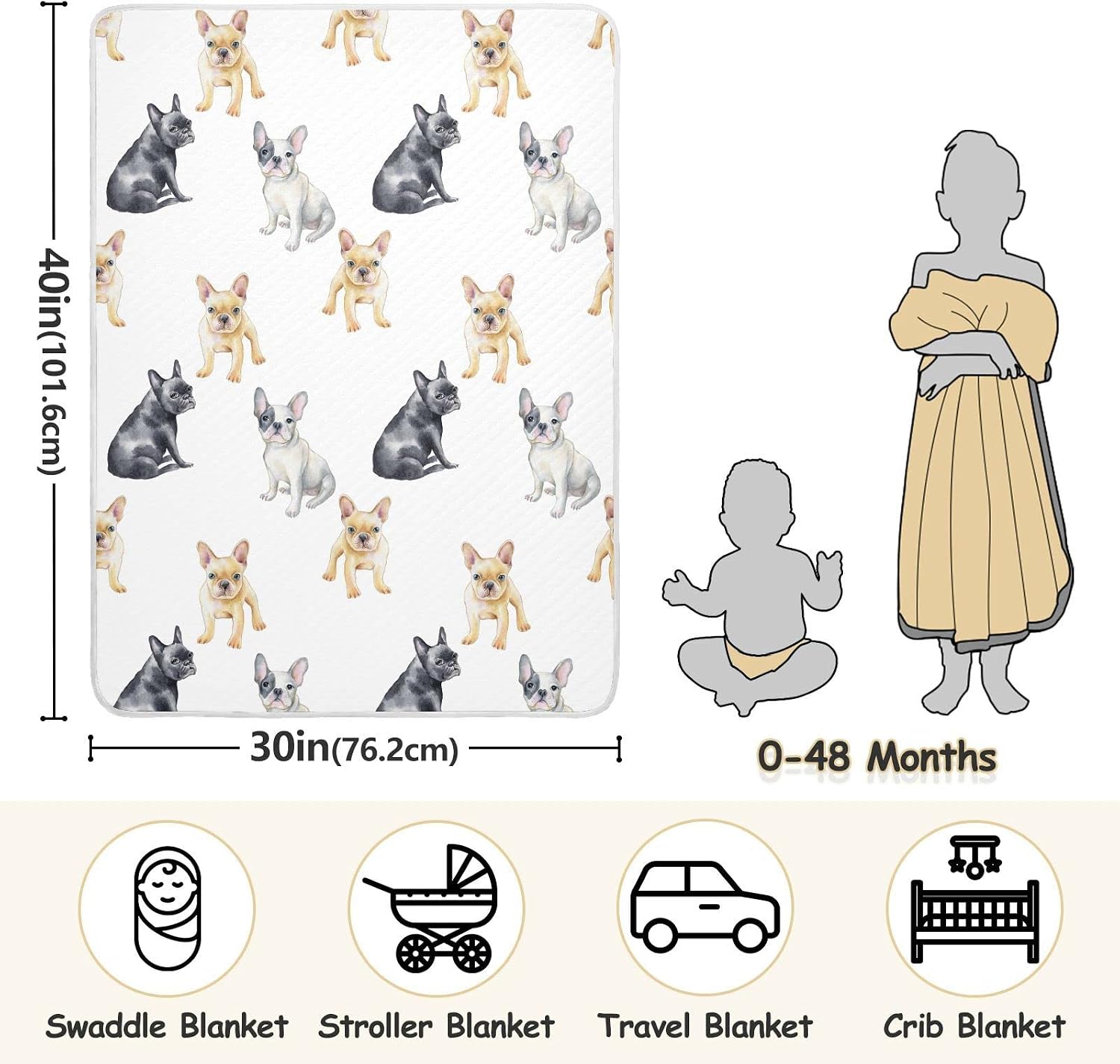 Ollabaky French Bulldog Dog Baby Blanket for Boys Girls Cotton Throw Blanket Swaddle Blanket for Crib Stroller Nursery Receiving Blanket Infant Toddler Unisex 30"x40"