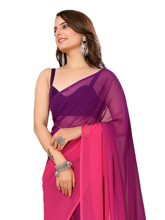 Ekasya Women Soft Georgette Purple Solid Pattern Printed Work Ready to Wear Saree with Unstitched Blouse – Elegant Design, Perfect for Casual & Semi-Formal Occasions, Stylish & Trendy – Purple
