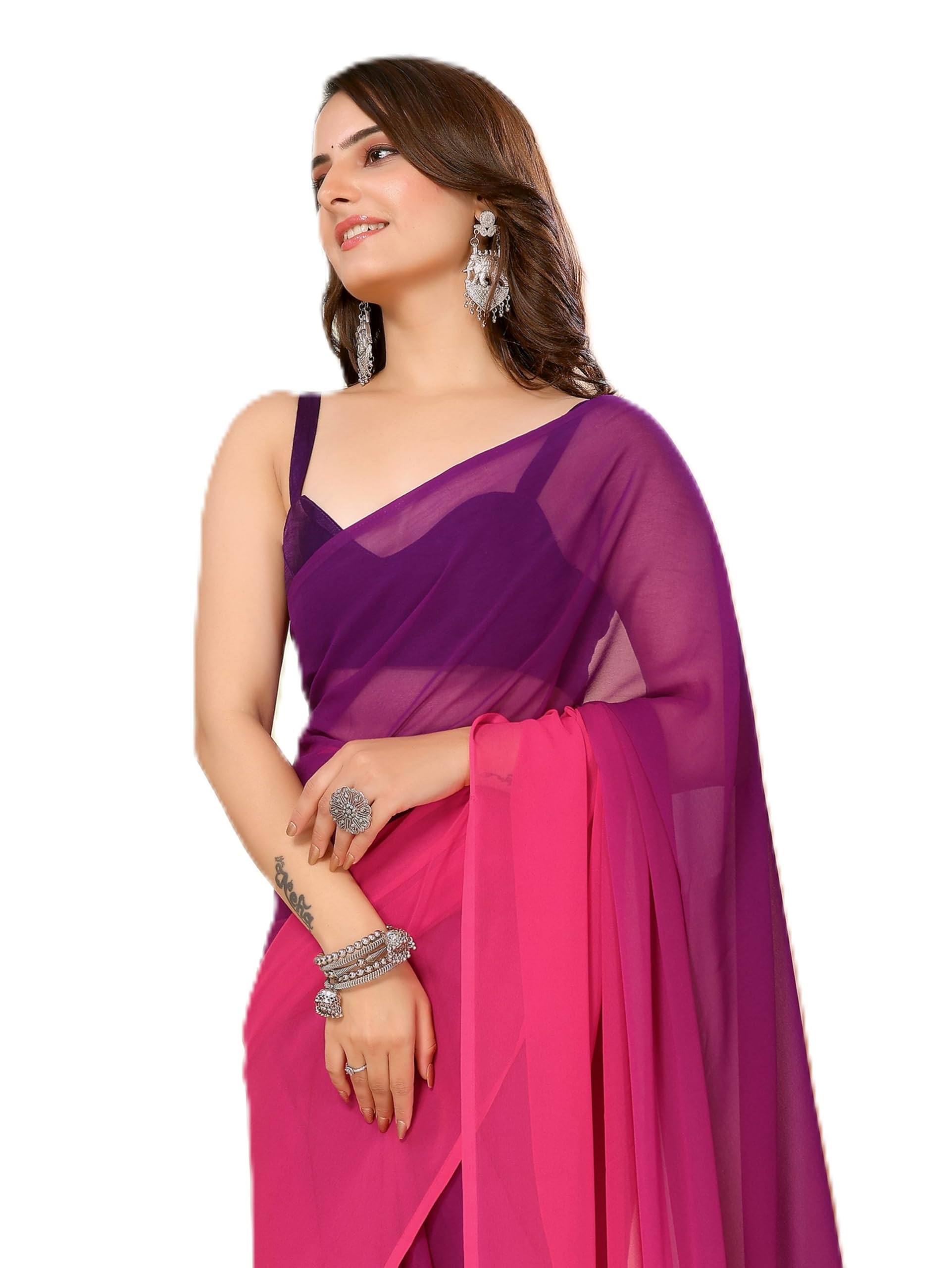 Women Soft Georgette Purple Solid Pattern Printed Work Ready to Wear Saree with Unstitched Blouse - Elegant Design, Perfect for Casual & Semi-Formal Occasions, Stylish & Trendy