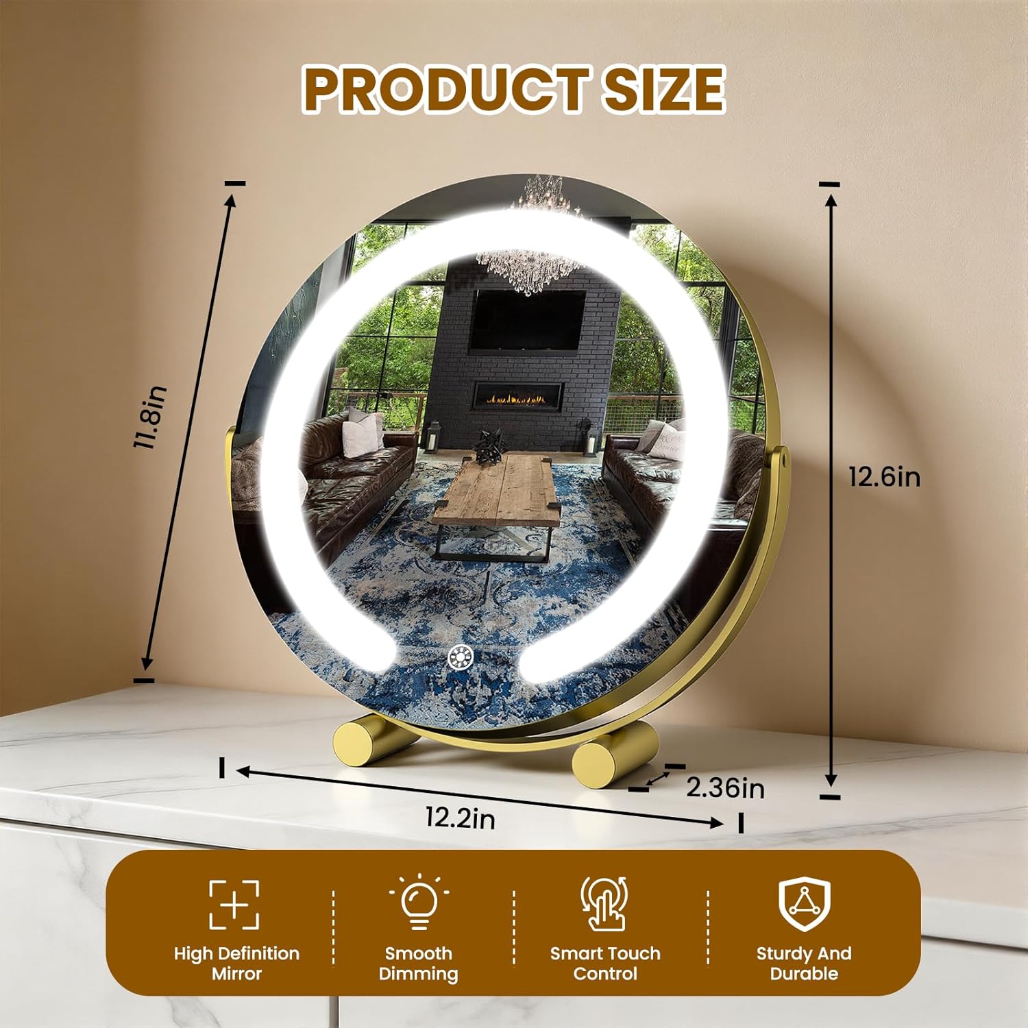 Vanity Mirror with Lights, 12" LED Makeup Mirror, HD Professional Mirror, Smart Touch with 3-Color Lighting, Dimmable, 360° Rotation, Lighted Up for Makeup Desk, Bedroom (Gold)