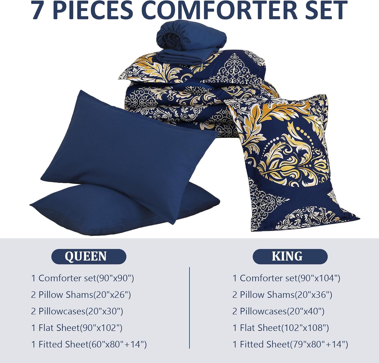 Anibedding Navy Blue Gold Comforter Set King Size, 7 Pieces Bohemian Damask Bed in a Bag Soft Lightweight Microfiber Bedding Set for All Season (104"x90") - Image 4