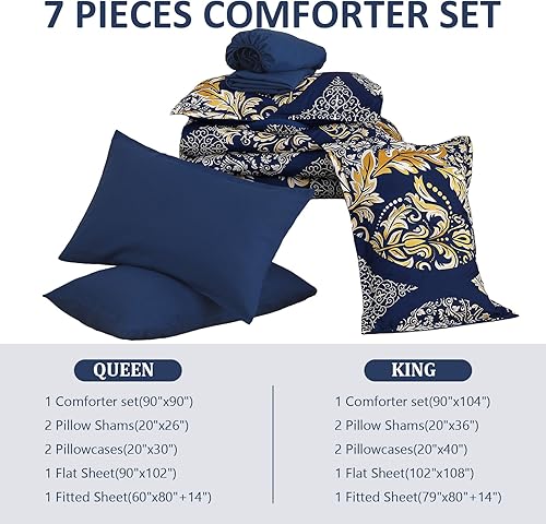 Miniatura 6 de Anibedding Juego de edredón azul marino dorado tamaño Queen, juego de edredón bohemio de damasco de 7 piezas, juego de ropa de cama de microfibra