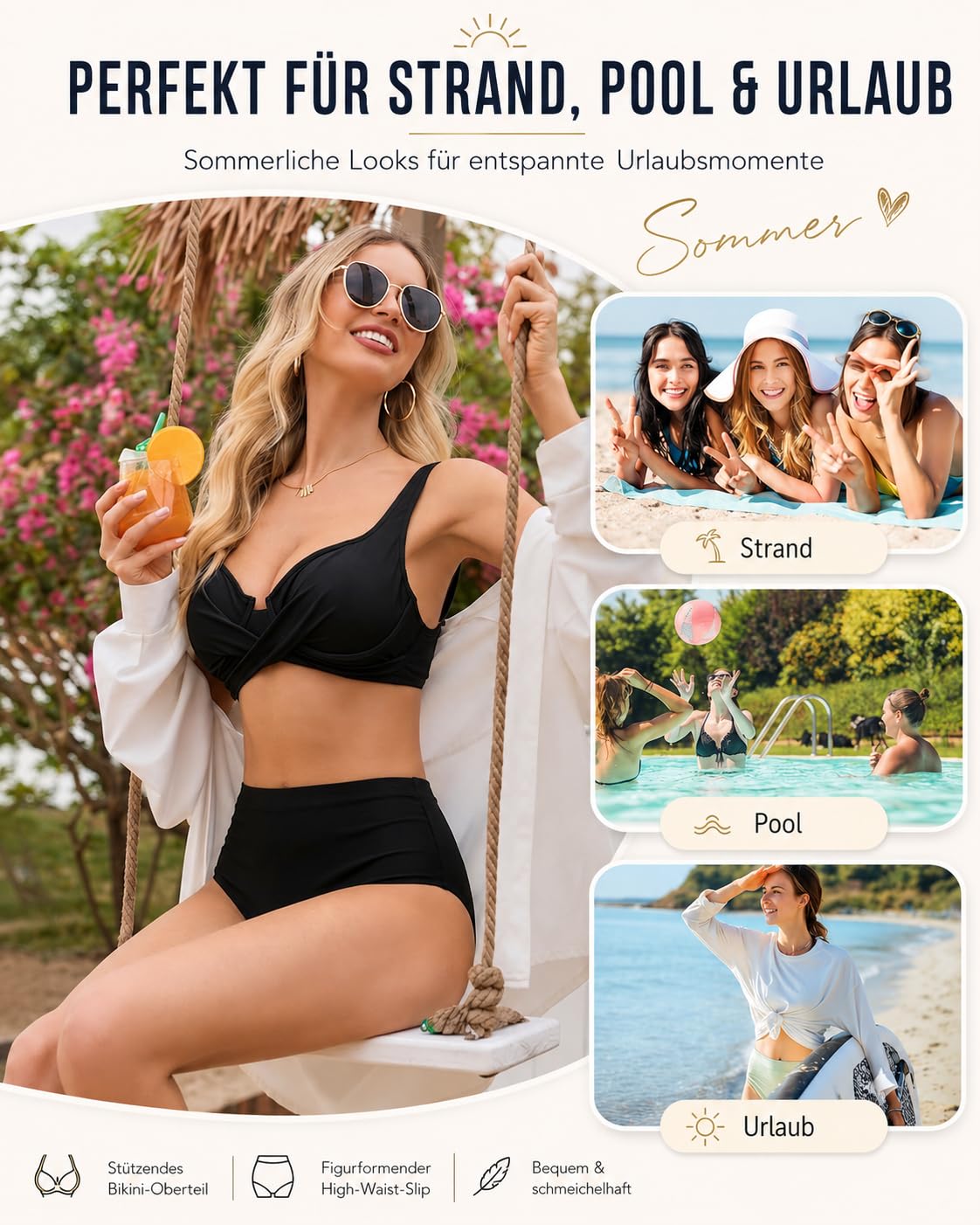 Conjunto de bikini para mujer, cintura alta, push-up, bikini con aros, aspecto envolvente, cuello en V, tirantes ajustables, traje de baño de dos piezas S-XXL