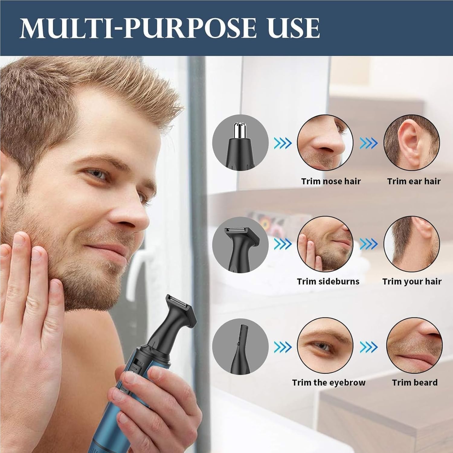 AREYZIN Nose Hair Trimmer for Men,Professional 3 in 1 Painless Rechargeable Ear and Nose Trimmer,IPX7 Waterproof,Blue