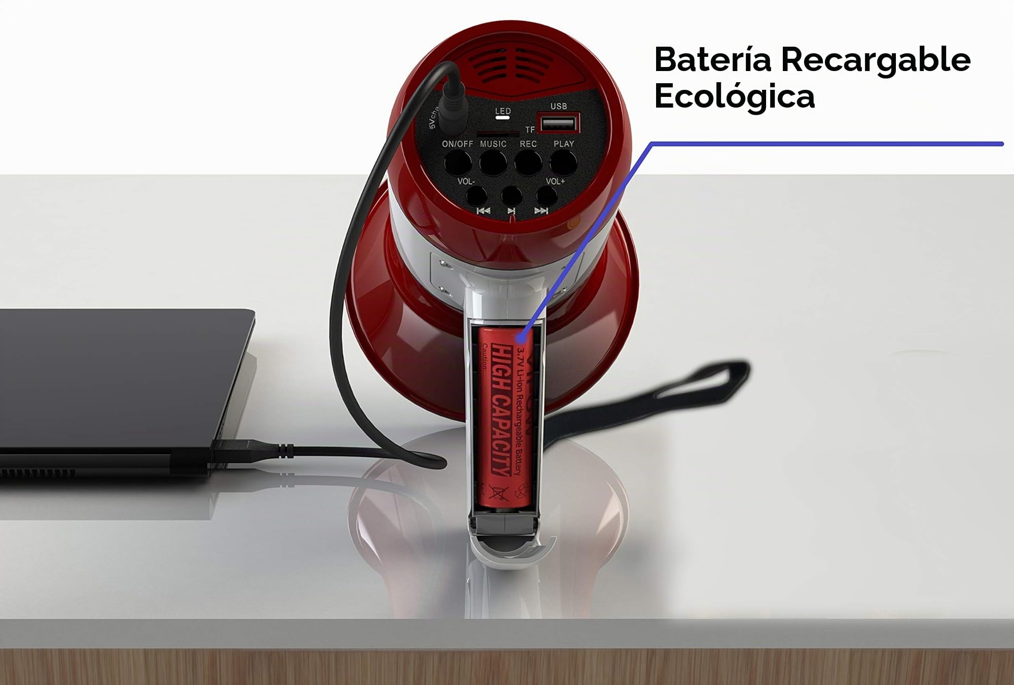 Megáfono Portátil con Sirena, Reproductor MP3, Grabador, Batería Recargable USB