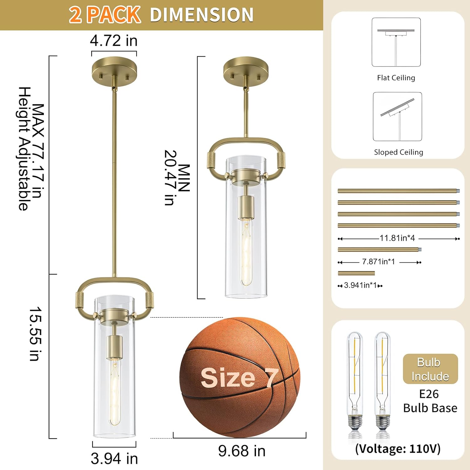 2 Pack Modern Gold Pendant Lights Kitchen Island, Cylinder Long Tube Glass Hanging Pendant Light Fixtures, Adjustable Pendant Lighting for Kichen Dining Room Bathroom E26 Bulbs Included