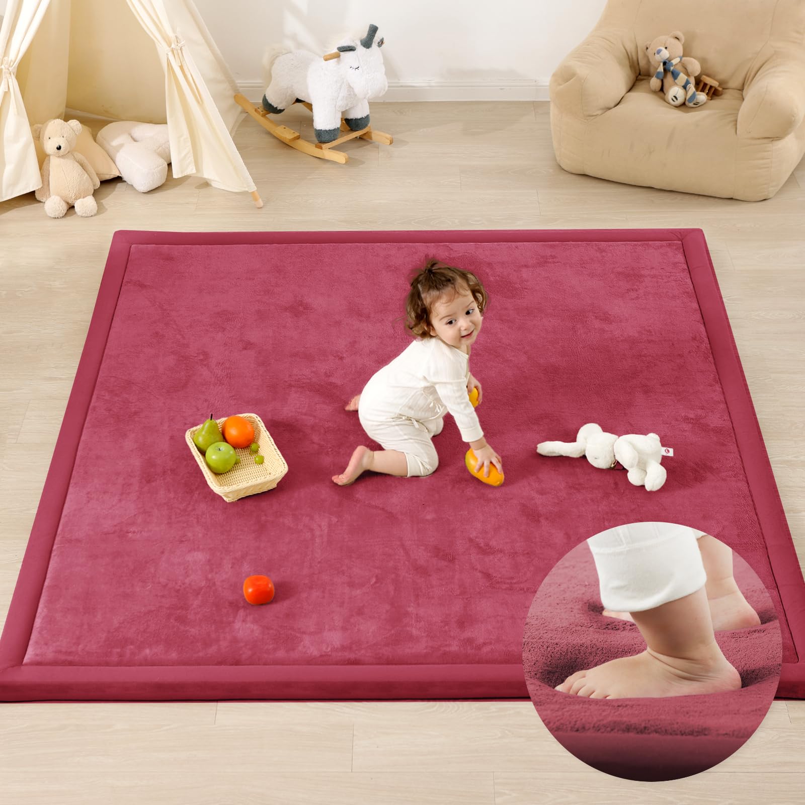 Tapete de juego para bebé de 1.3 pulgadas de grosor para piso, tapete de espuma de 39 x 59 pulgadas, tapete acolchado de felpa suave para bebés, niños pequeños, actividades de patadas de gateo