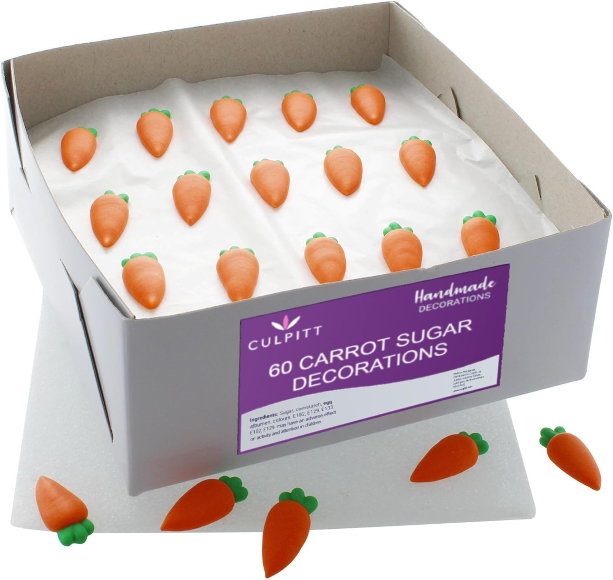 Carrot Sugar Pipings, Edible Royal Icing Cake Decorations, Handmade Ready to Use Cupcake Toppers For Easter, Spring, and Bunny Themed Bakes And Treats - Bulk Pack of 60