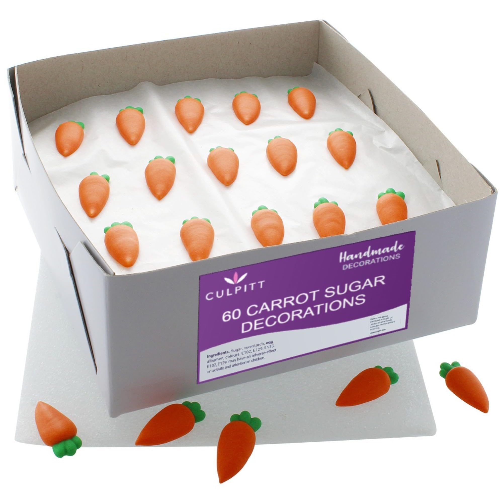 Culpitt Orange Carrot Sugar Pipings, Edible Royal Icing Cake Decorations, Handmade Ready To Use Cupcake Toppers For Easter, Spring, And Bunny Themed Bakes And Treats - Bulk Pack Of 60