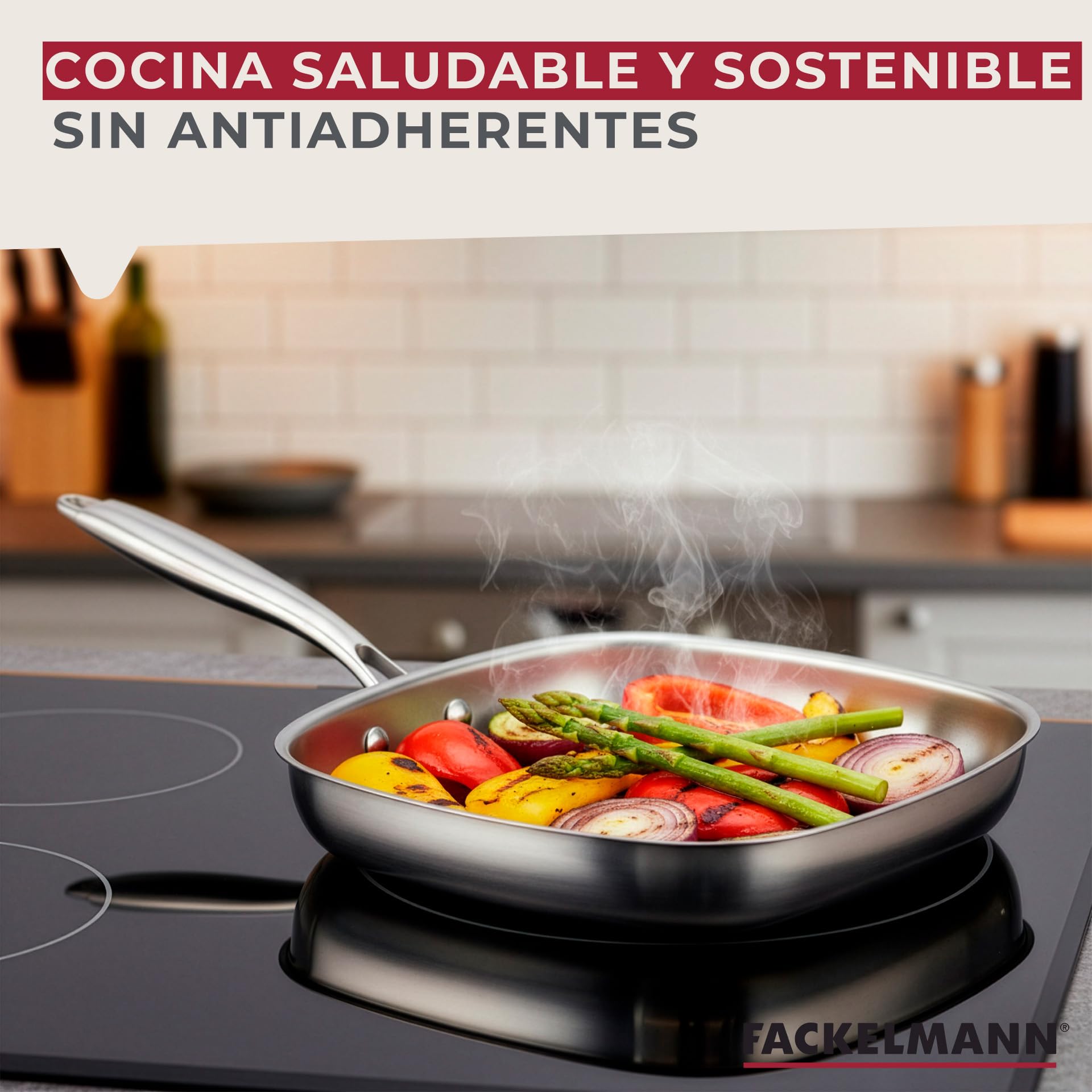 Fackelmann Vita3 Sartén Grill de Acero Inoxidable 28 cm, Acero Inoxidable Triply con Triple Fondo Difusor, Sin Antiadherente, Sin PFA, Apta para Inducción, Gas, Vitro y Horno, Apto Lavavajillas — view 4