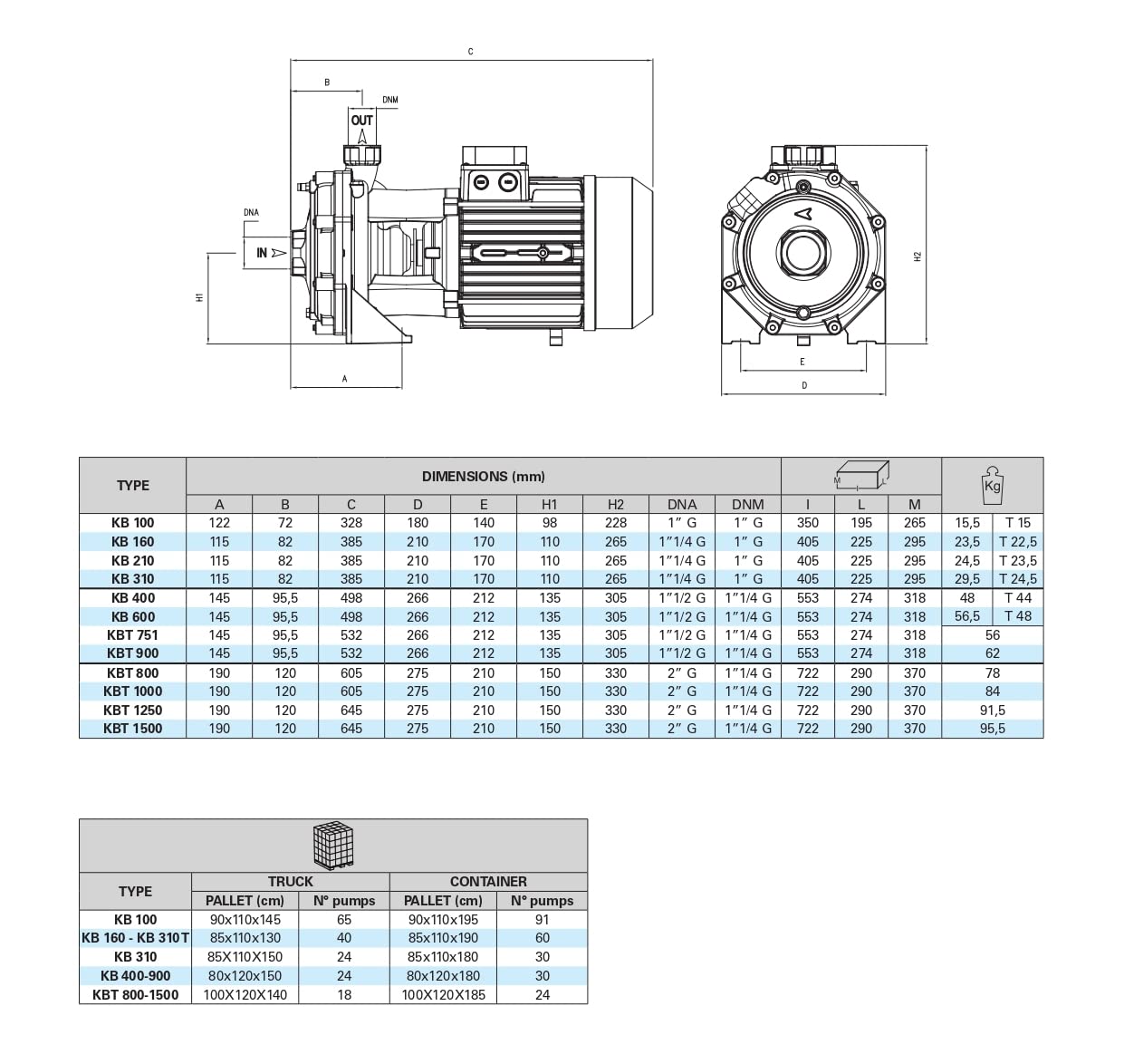 FORAS KB100 Pompe centrifuge haute hauteur avec bon débit de refoulement pour installations domestiques et industrielles, fabriquée en Italie, fonctionnement continu, 230 V, 0,74 kW, 80 l/min, 42 m