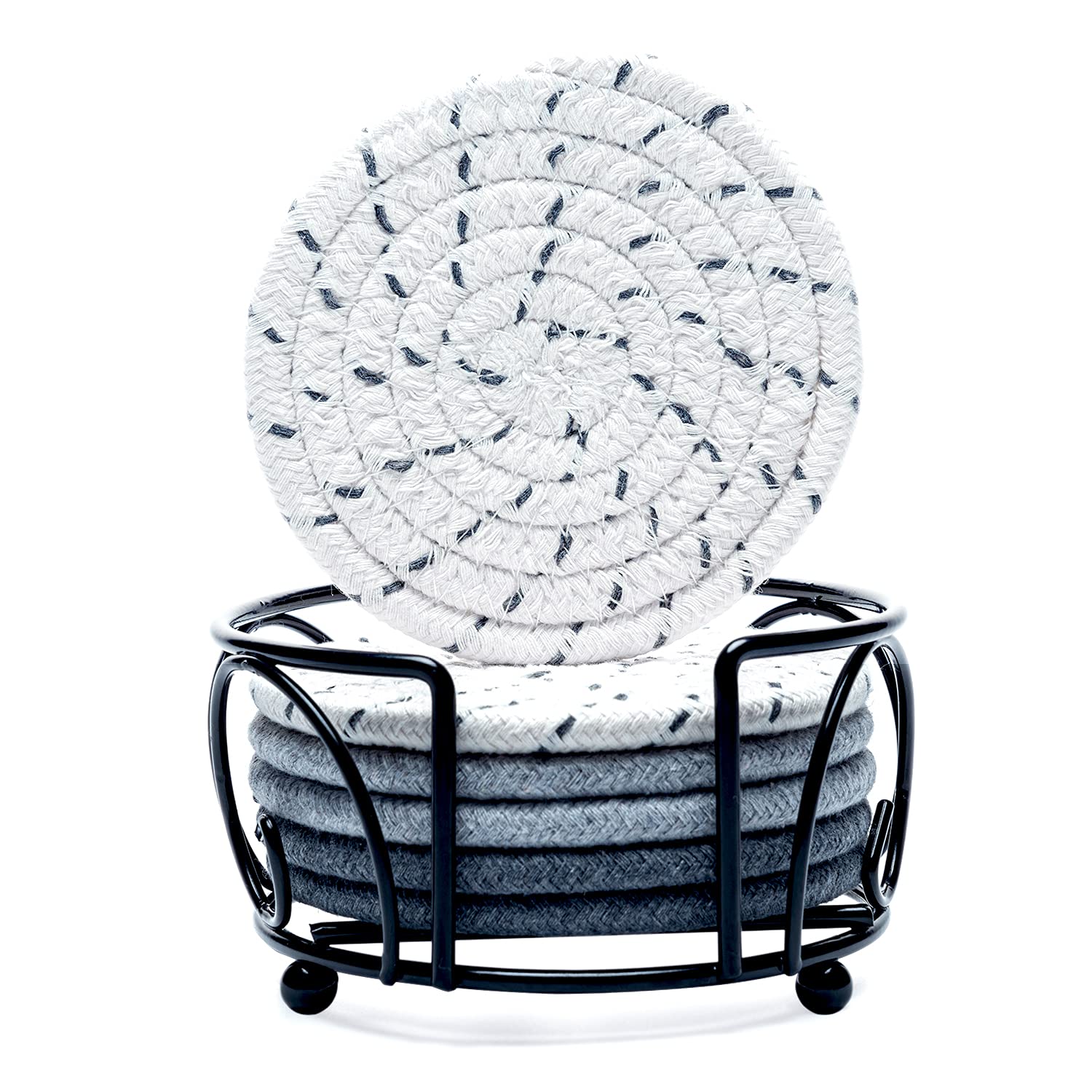 Coasters for Drinks, Absorbent Drink Coaster Set with Holder, Handmade Woven Coasters for Coffee Table, Heat-Resistant Braided Coasters Set of 6, Great for Housewarming, Room Decor, Bar, Party