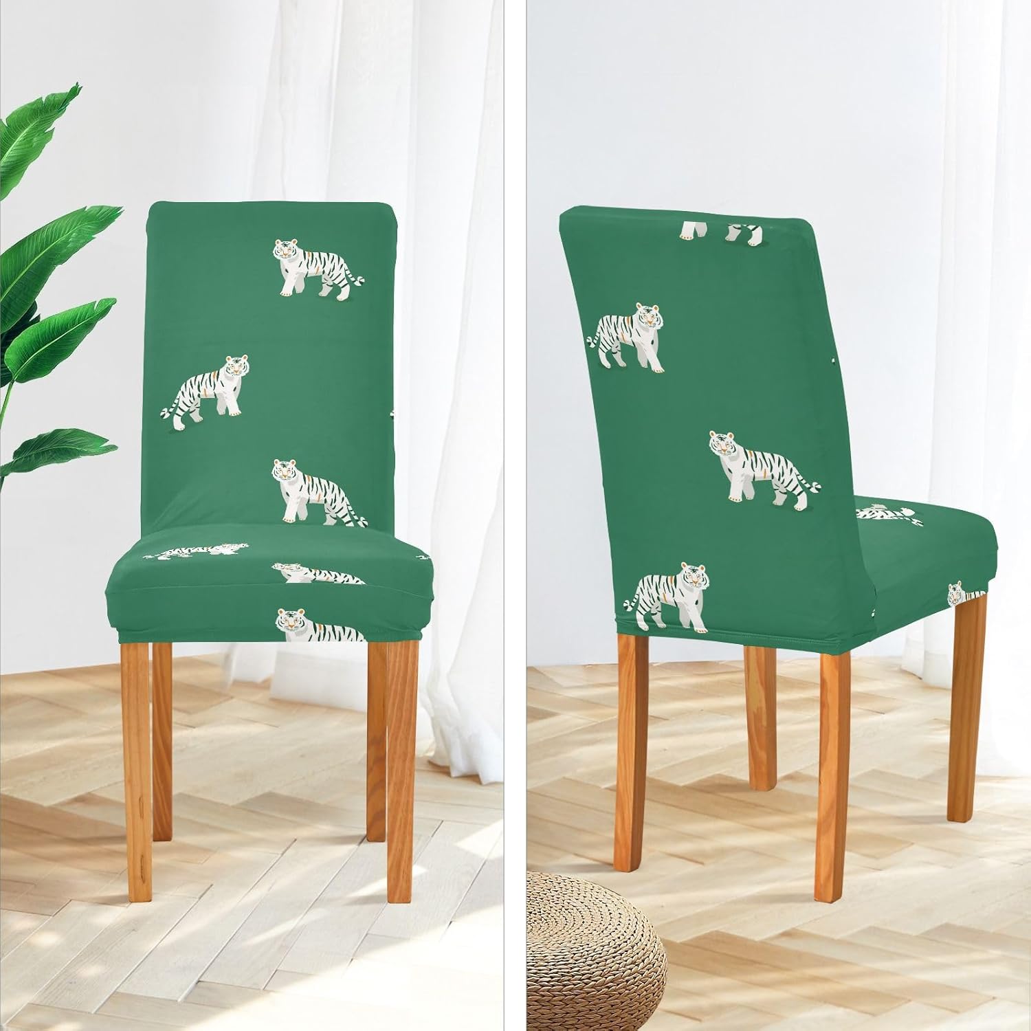 ALAZA Chair Covers for Dining Room, White Tiger on Green Stretch Chair Cover Sets Chair Protector Removable Washable for Ktichen Restaurant Hotel