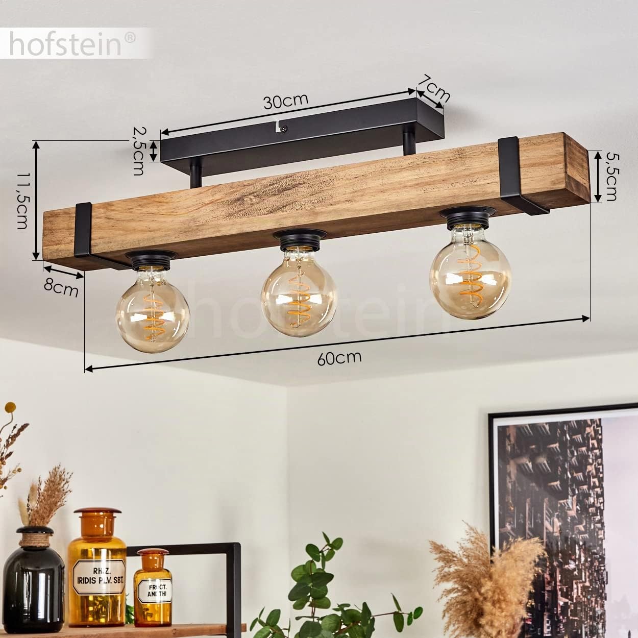 Lámpara de techo Montgomery, moderna lámpara de techo de metal/madera en negro/naturaleza, lámpara con varilla de madera en diseño vintage, 3 llamas, 3 x E27, sin bombilla(s)
