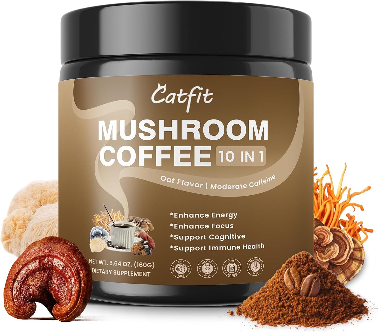 Mushroom Coffee,10 Adaptogenic Mushrooms With Oatmeal Powder MCT Oil, Hydrolyzed Collagen, Instant Coffee with Lion’s Mane, Chaga, Cordyceps, L-Theanine for Energy, Focus, Digestion and Immunity, 160G