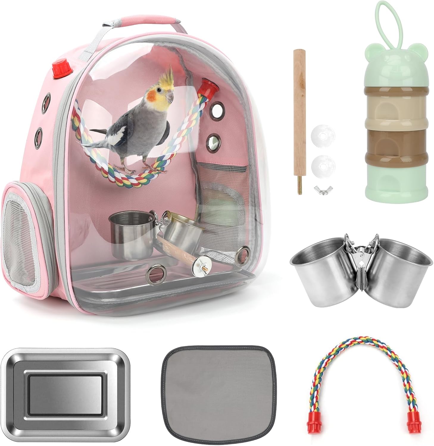 Rypet Bird Carrier Backpack Parrot Portable Breathable Bag Pet Bird Lightweight Travel Cage with Standing Perch and Stainless Steel Tray（Mint Green）