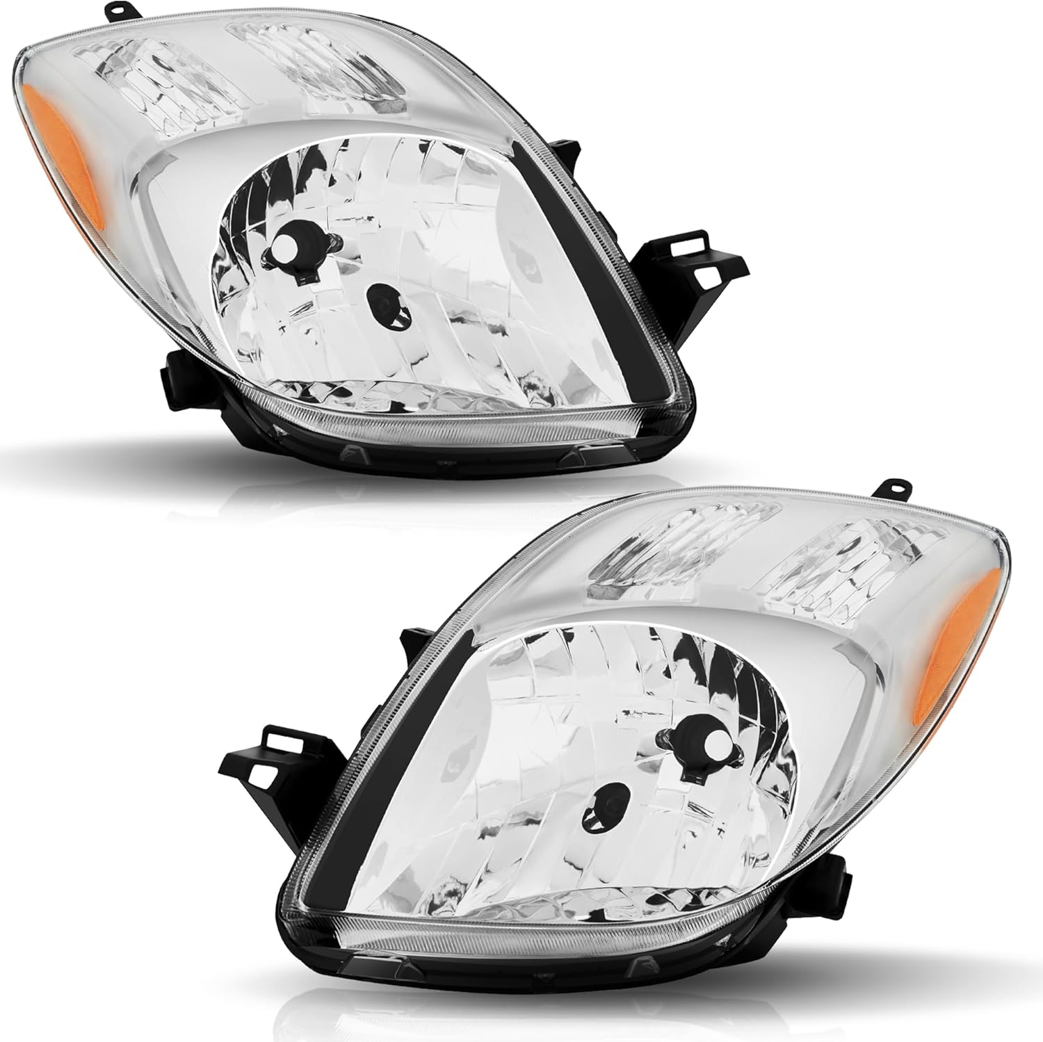 Headlights Assembly Pair for 2007 2008 Toyota Yaris Hatchback Headlamps Head Lights Replacement Driver and Passenger Side,Chrome Housing Amber Reflector