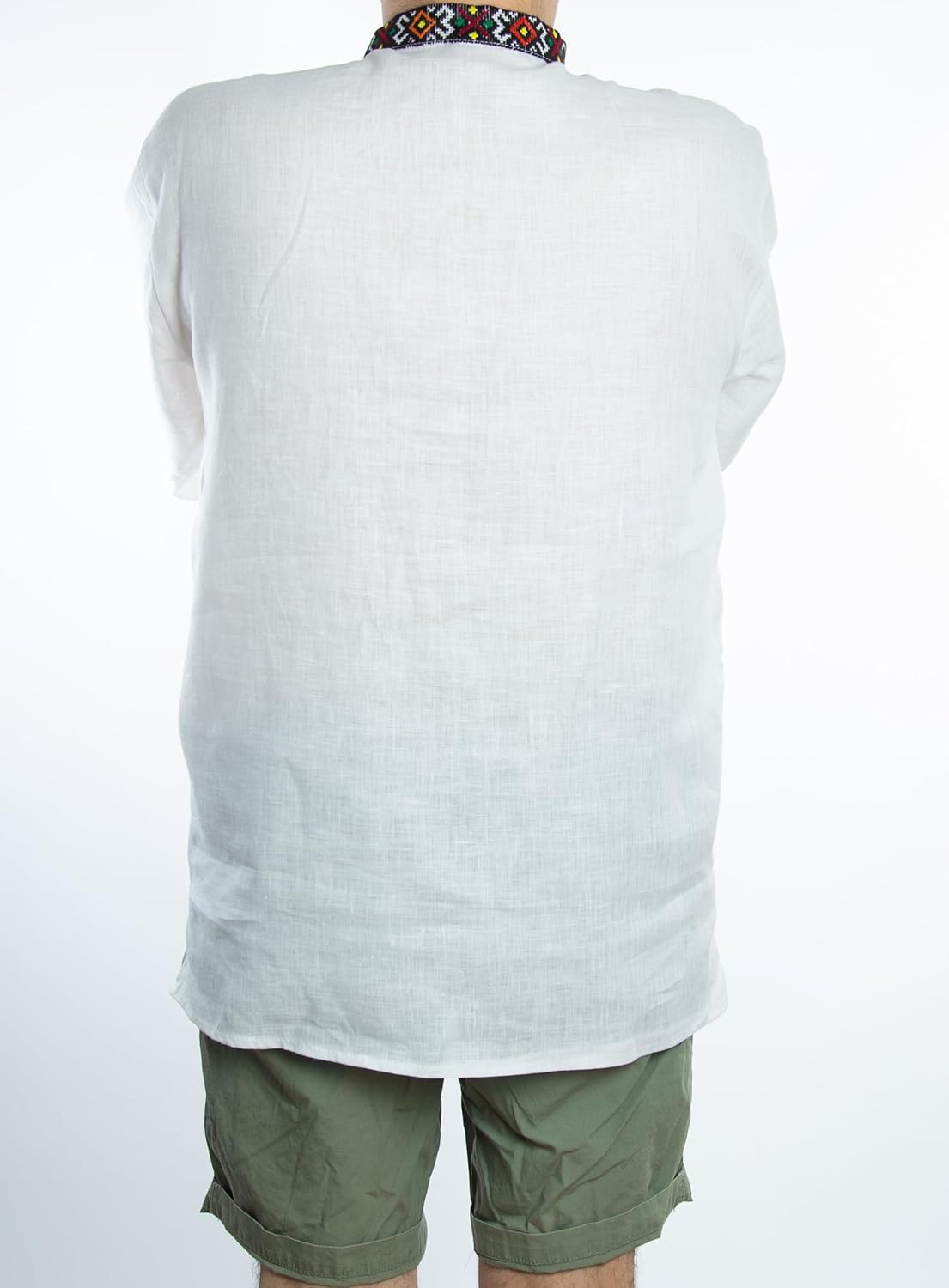 Rushnichok Ukrainian Vyshyvanka for Men White Hutsul Linen Shirt Sorochka with Handmade Satin-Stitch Embroidery NIZINKA