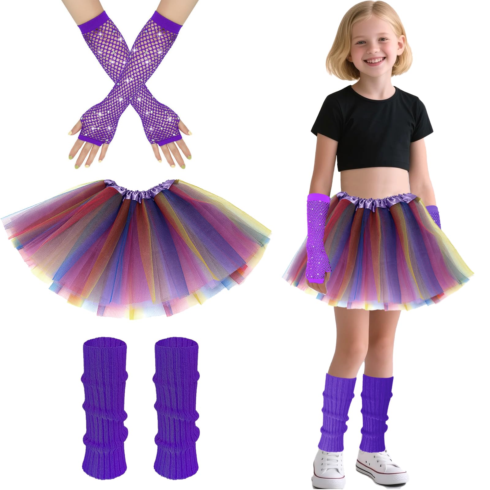 80s Fancy Dress for Kids Rockstar Costume 80s Outfits Kids Neon Tutu Set Girls Leg Warmers Fishnets Gloves and Fancy Dress Tutu for 1980s Theme Party Disco Party Costume Carnival Gathering (Purple)
