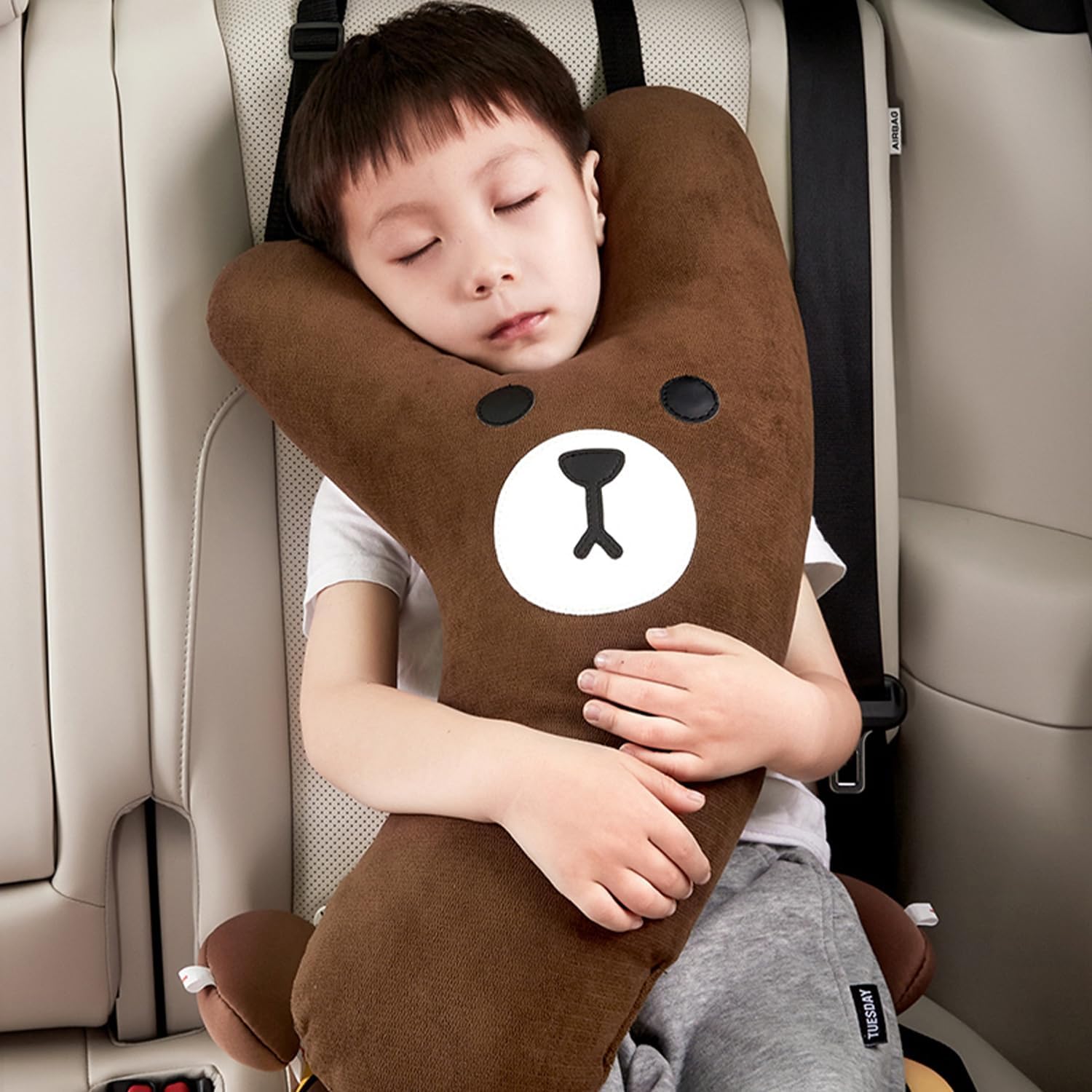 Travel Pillow Y-Shape Kids Car Pillows for Sleeping, Soft PP Cotton & Velvet Fabric, Car Pillow for Kids 4~10 Years Old, with Adjustable Length up to 15.7" (Brown)