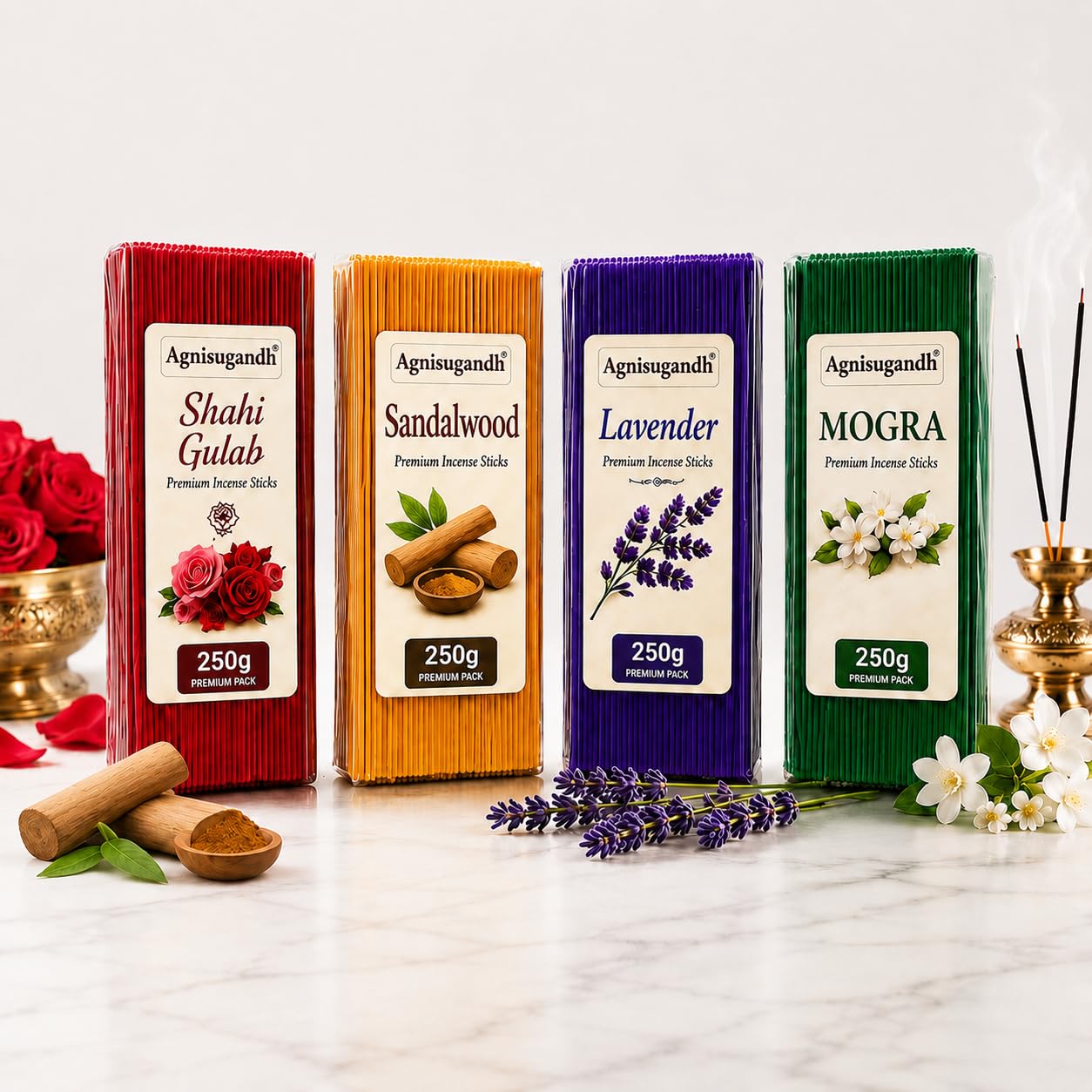 Premium Agarbatti Combo Pack 1Kg (4x250g) | Lavender, Mogra, Rose & Sandalwood Incense Sticks | Long Lasting Charcoal Free Agarbatti for Puja & Home Fragrance-picture-33