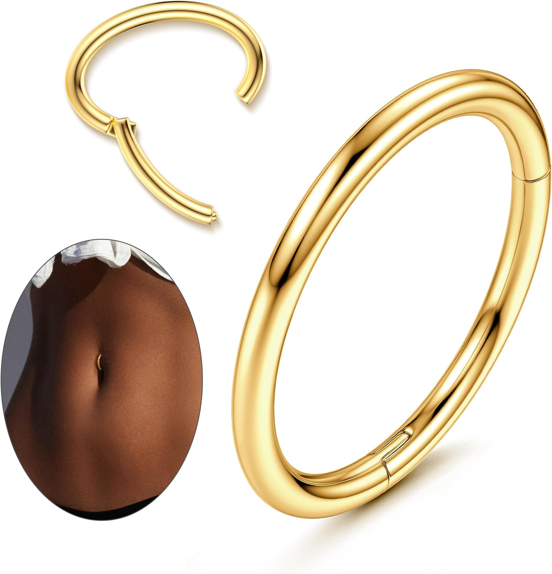 ZZHDCC 14G クリッカー へそリング 女性用 ホワイトゴールドメッキ フープ へそリング シャイニー CZ へそ クリッカー 楕円形 ベリーリング リバース へそボディ ベリーピアス ジュエリー