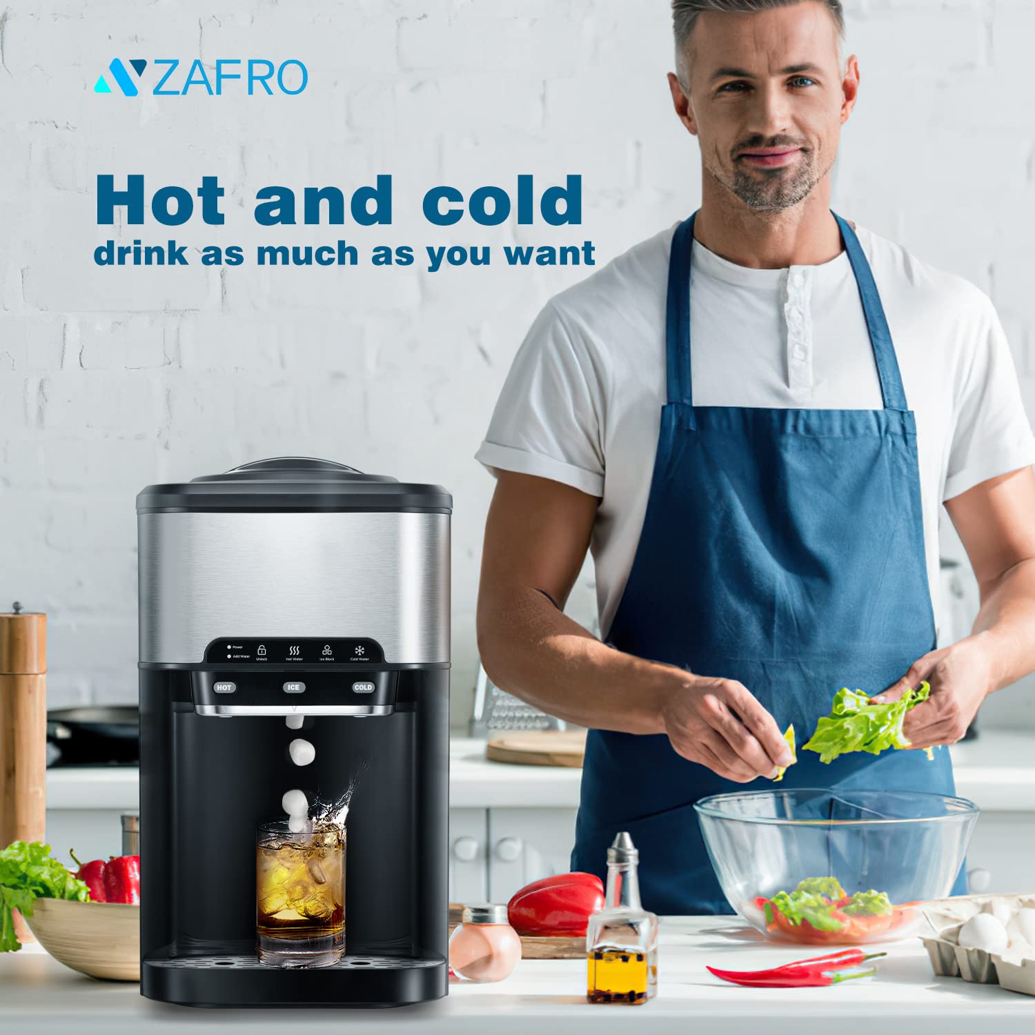 Man in kitchen enjoying a cold drink dispensed from ZAFRO HZB-20.