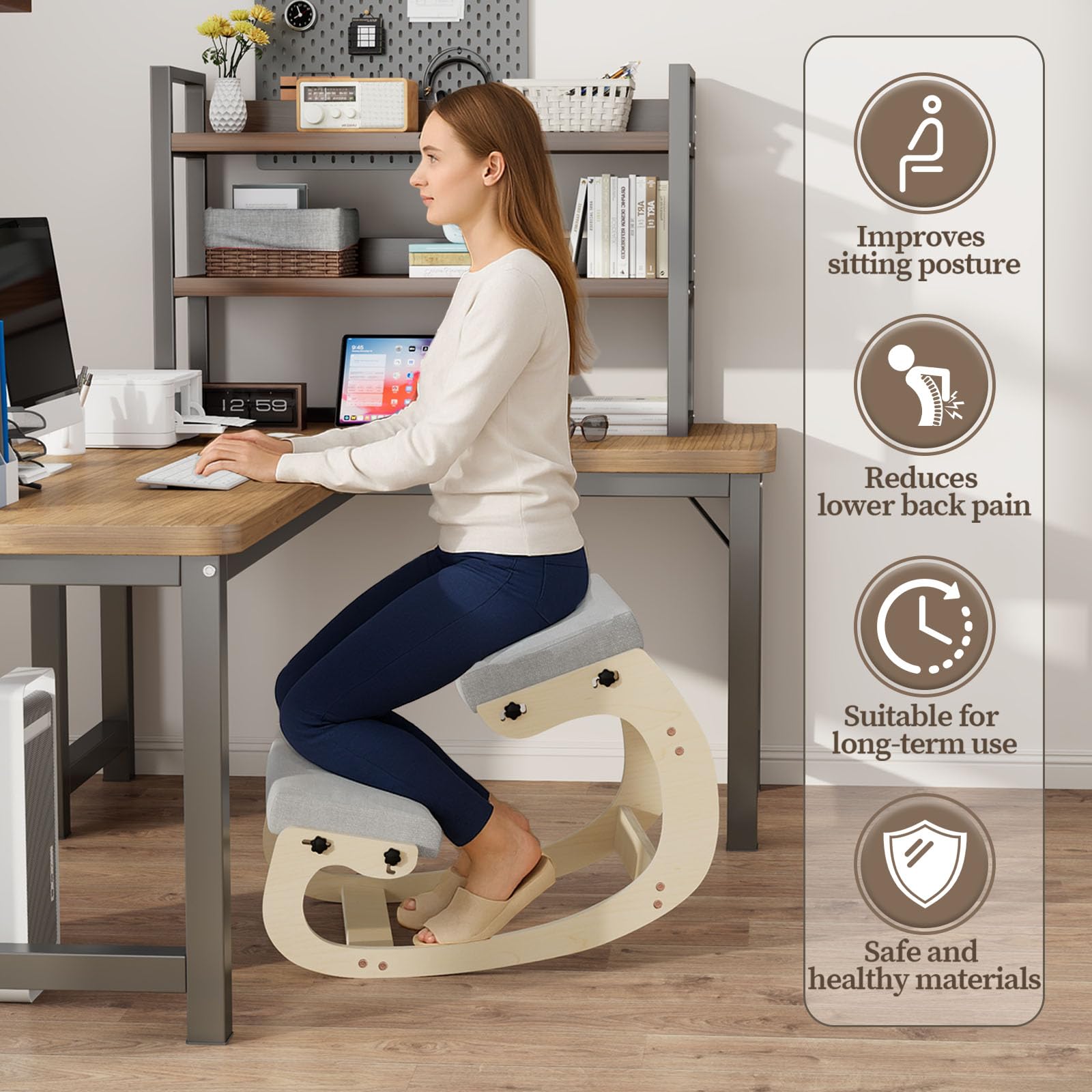 Ergonomischer Kniestuhl mit Schaukelbasis aus Holz – Höhenverstellbarer Haltungstrainer mit dickem Sitzkissen und weicher Knierolle, ideal fürs Homeoffice & gegen Rückenschmerzen