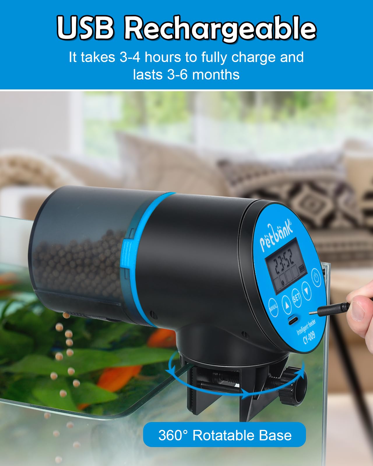 Petbank USB Charger Alimentador Automático Acuarios con Temporizador Recargable, Dispensador Comedero Acuario con Pantalla LCD, Dispensador Comida Peces Automatico, Azul — view 6