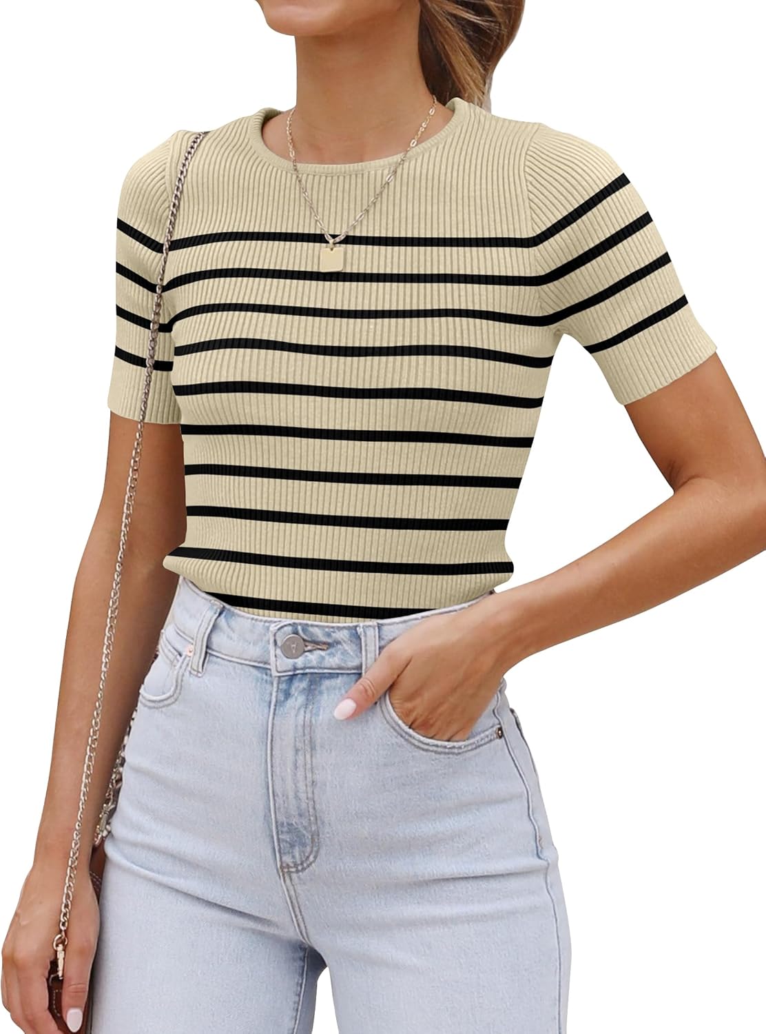 ZESICA Women's Short Sleeve Crewneck Striped T Shirt 2026 Summer Ribbed Knit Slim Fit Casual Basic Tee Tops