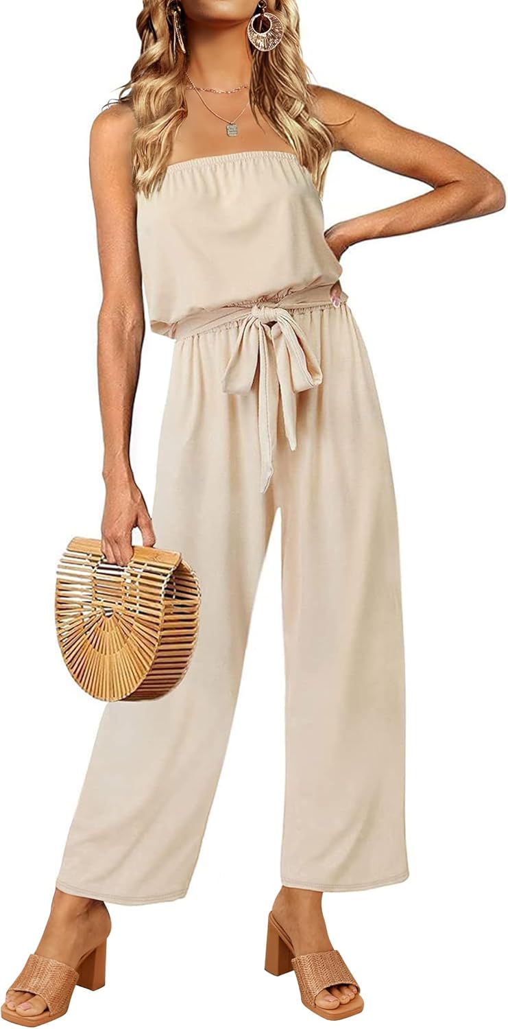 ZESICA Women's Casual Off Shoulder Solid Color Strapless Belted Wide Leg Jumpsuit Romper