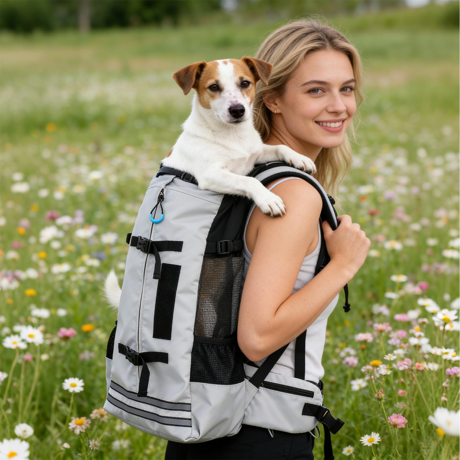 PETCUTE Hundetransportrucksack,Atmungsaktiver Haustier-Rucksack mit Sicherheitsverschluss & Reflektorstreifen, Beine Raus Hunderucksack für kleine Hunde & Katzen,Verstärkter Boden,ideal für Wandern,L
