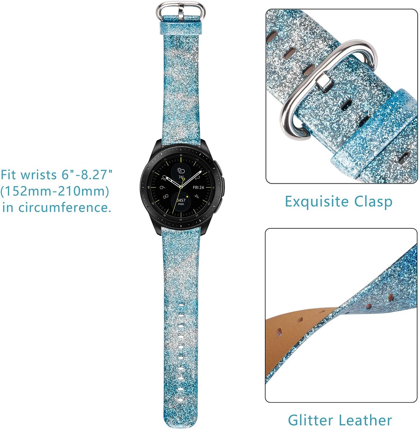 TOYOUTHS Glitter Band Compatible with Samsung Active 2/Galaxy Active 40mm/Galaxy Watch 42mm/Gear S2 Classic/Gear Sport Women Men Glistening Leather Replacement Christmas Strap (20mm, Shiny Blue)