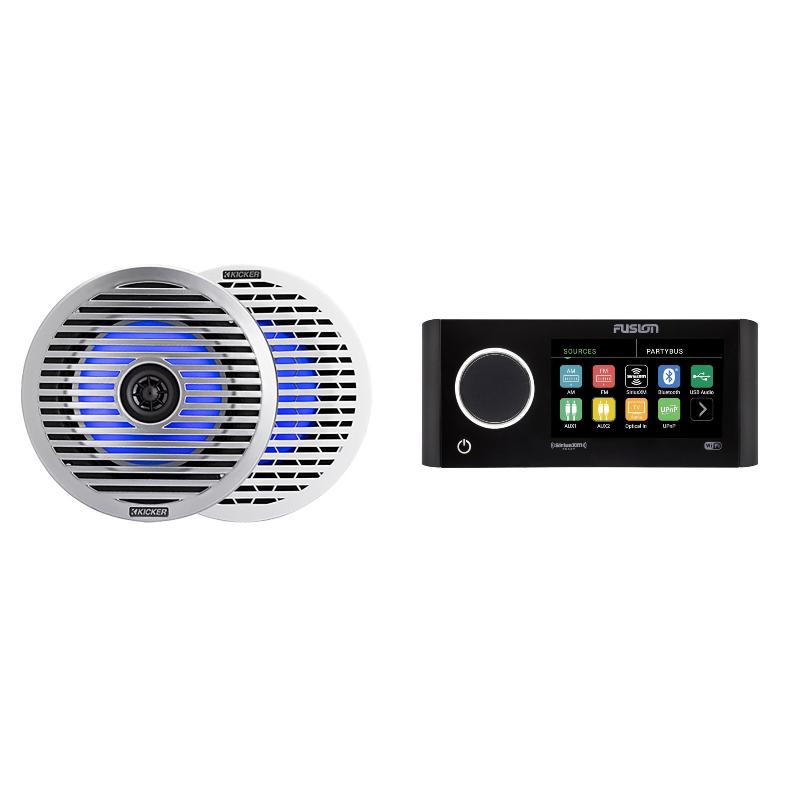 Kicker 51KM614FL 6.5-Inch (165mm) Thin-Mount Marine Coaxial Speakers with RGB LED, 4-Ohm, White & Silver Grilles Included, Bundled with MS-RA770 Apollo Marine Receiver