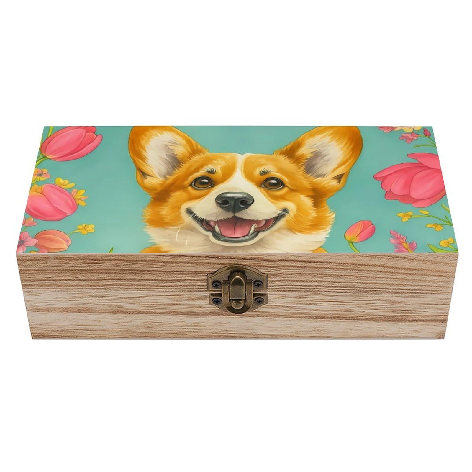 HLBSDM Lovely Corgi Puppy With Tulip Retro Wooden Storage Box Jewelry Art Gift Boxs Decorative Keepsake Boxes