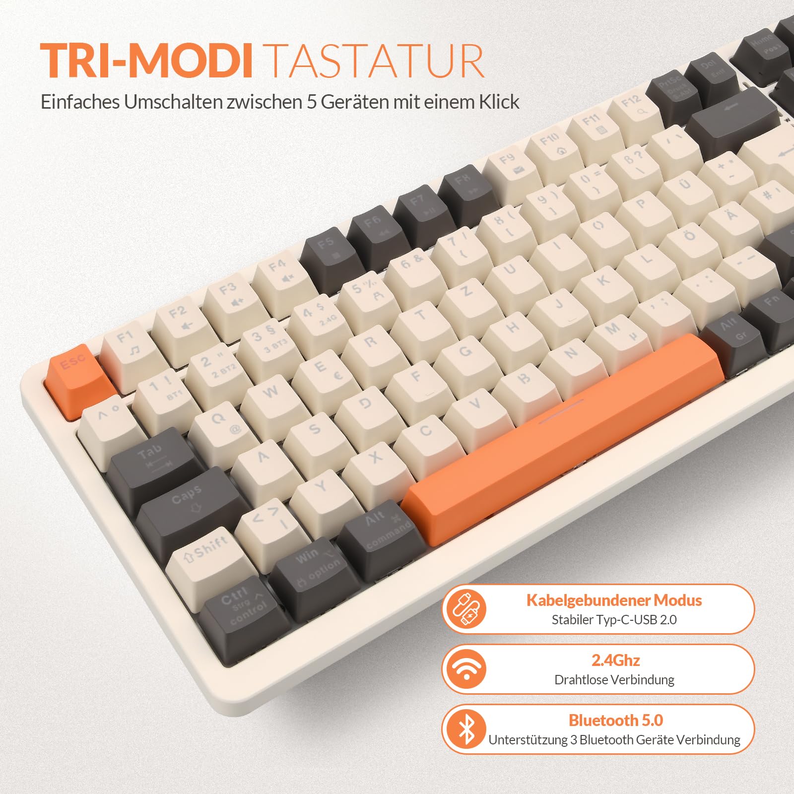 Rii Mechanische Tastatur Kabellos, Gaming Retro Tastatur Bluetooth, Tri-Modi Tastatur 75 Prozent mit QWERTZ, Beige-Grau-Orange dreifarbige Tastatur (BT5.0 + 2.4GHz + Kabel)