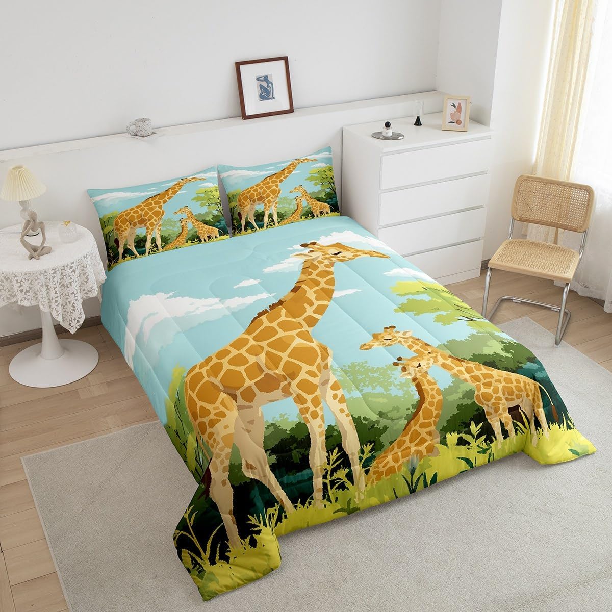 Castle Fairy Cartoon Giraffe Comforter Set Full Size for Kids Cute Tropical Wild Animal Bedding Sets All Season Blue Sky Jungle Trees Quilt Set Bedroom Decor Tallest Neck Animal Down Comforter,3Pcs