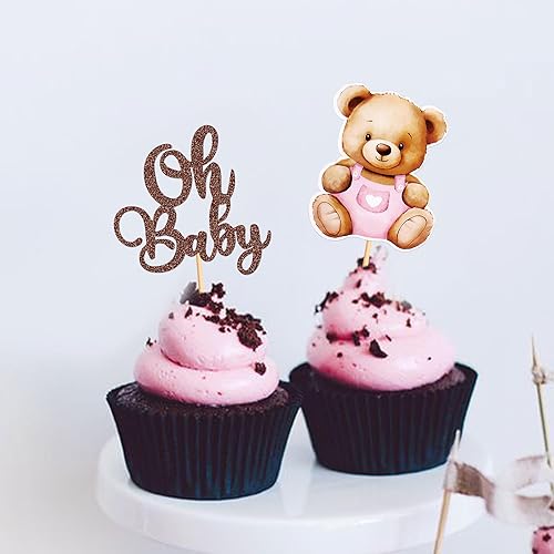 Miniatura 4 de Ercadio Paquete de 24 adornos para cupcakes Bear Oh Baby Bear Oh Baby para cupcakes de oso rosa para decoración de pasteles con temática de oso para