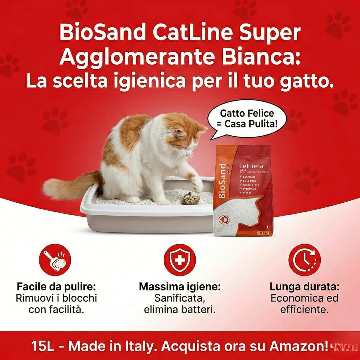 OFFERTA 3 Confezioni BioSand Lettiera Gatto Super Agglomerante Bianca - 3 X 15 Litri - Sabbia Bentonite Naturale Sanificata e Profumata al Talco - Granulo Fine, Massima Igiene e Controllo Odori.