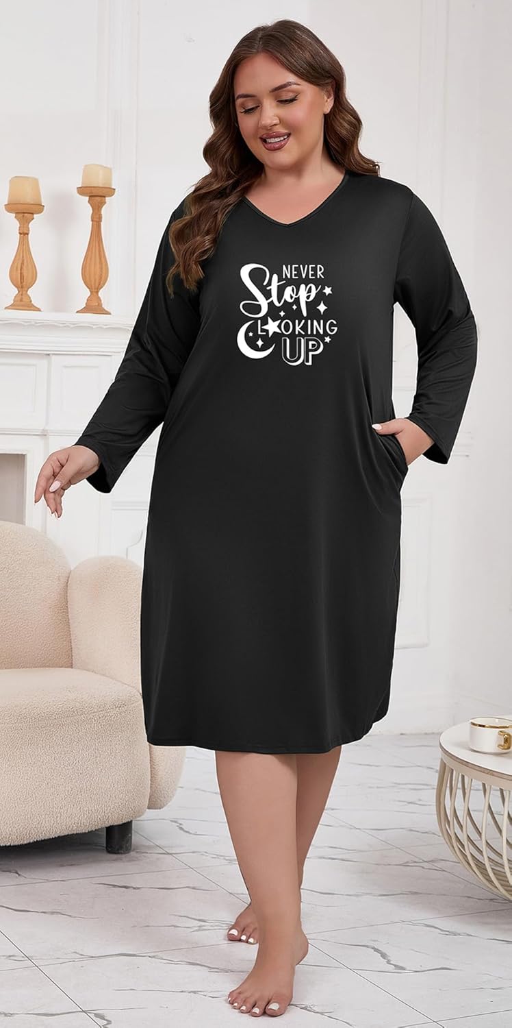 3 Pack Plus Size Nightgowns for Women V Neck Nightshirts Long Sleeve Printed Sleepwear Soft Loungewear - Image 3