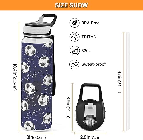 Miniatura 3 de Botellas de agua de fútbol azul con pajilla, botella de agua transparente grande para correr, sin BPA, para niñas, niños, mujeres, hombres, viajes,
