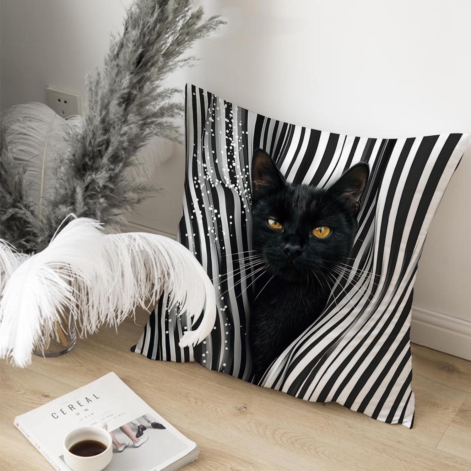Black Cat Pillow Cover 18x18 Inch, Striped Throw Cushion Case for Couch Sofa Bedroom Decor, Cute Modern Animal Print Home Accent, Gifts for Cat Lovers Women Men Friends image 2