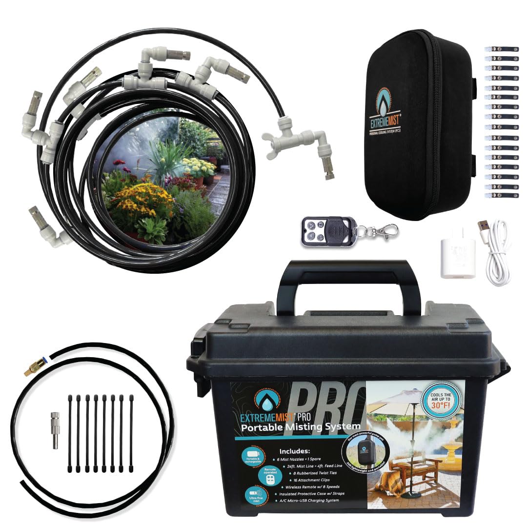 Professional Grade Portable Misting System Pro Kit - 6 Mist Nozzles & Pro Pump | Easy to Setup | 24 ft. Mist Line for Outdoor Canopy, Balconies, Greenhouses, Picnic's - Cools The air up to 30°F