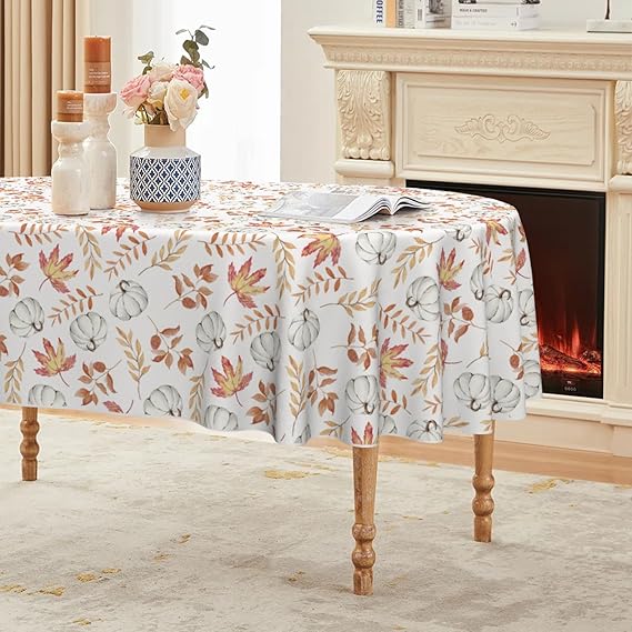 The Holiday Aisle® Fall Tablecloth, Thanksgiving Autumn Harvest Watercolor Blue Buffalo Plaid Pumpkin Table Cover For Party Picnic Dinner Decor