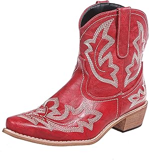 Cowboy Boots for Women Cowgirl Western Ankle Boots Ladies Short Embroidered Pointed-toe Low Heel Stitched Classic Retro Booties Red Brown Blue