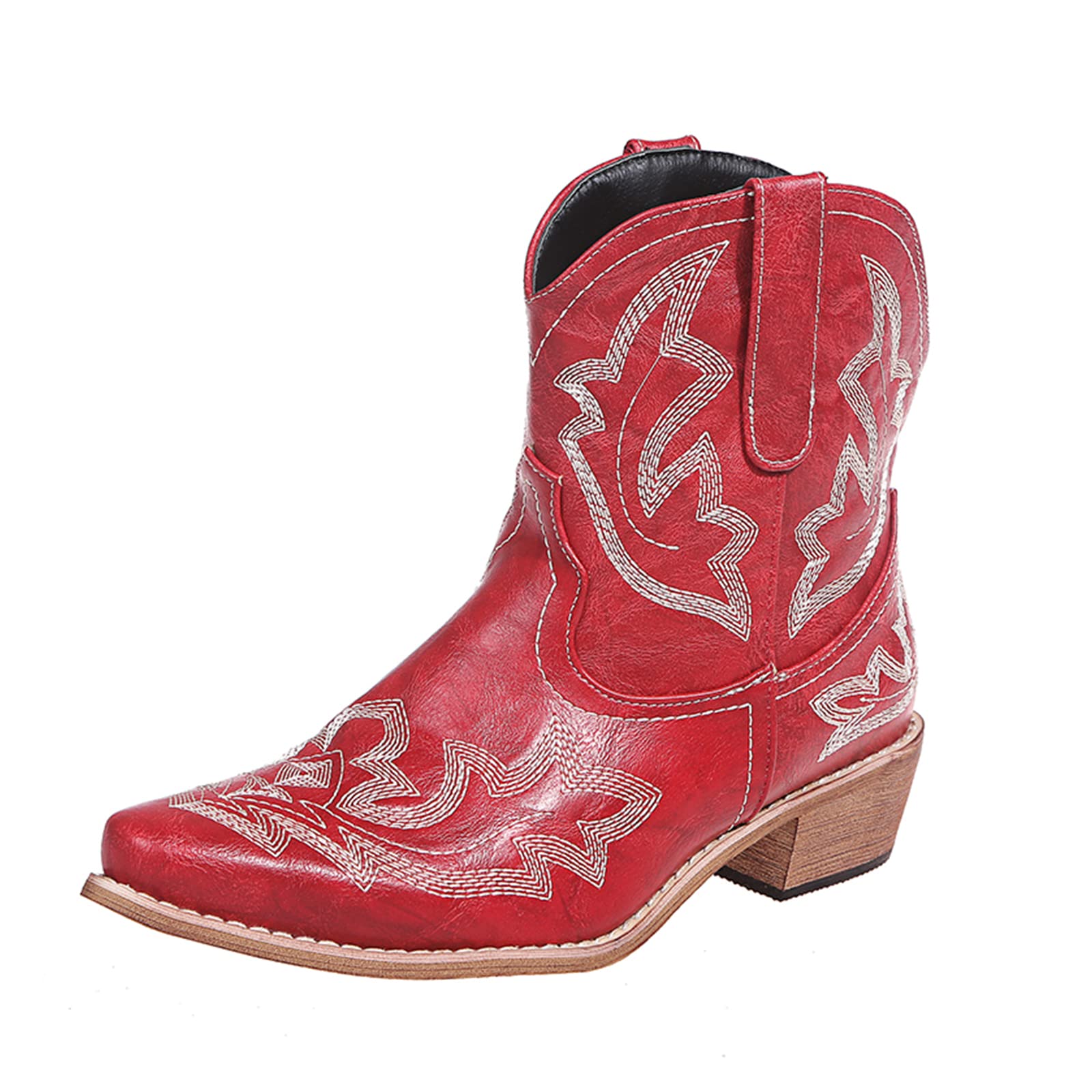 Kinyahoe Cowboy Boots for Women Cowgirl Western Ankle Booties Pointed Toe Low Chunky Heel Embroidered Classic Short